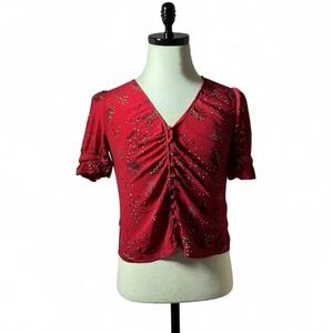 Madewell‎ Floral Print Button Front Top Red Short Sleeve Blouse